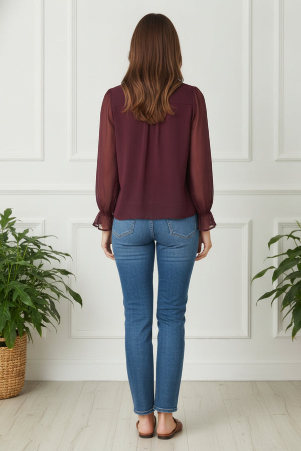 Frilled Trim Semi Sheer V-Neck Blouse| PURPLE