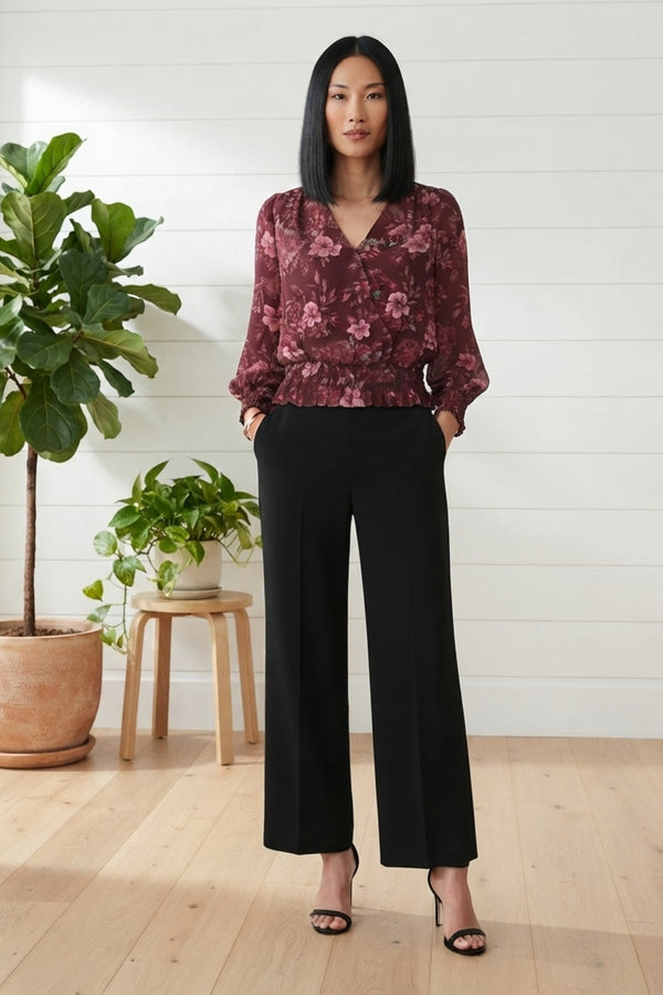 Floral Ruched Wrap Front Blouse| WINE