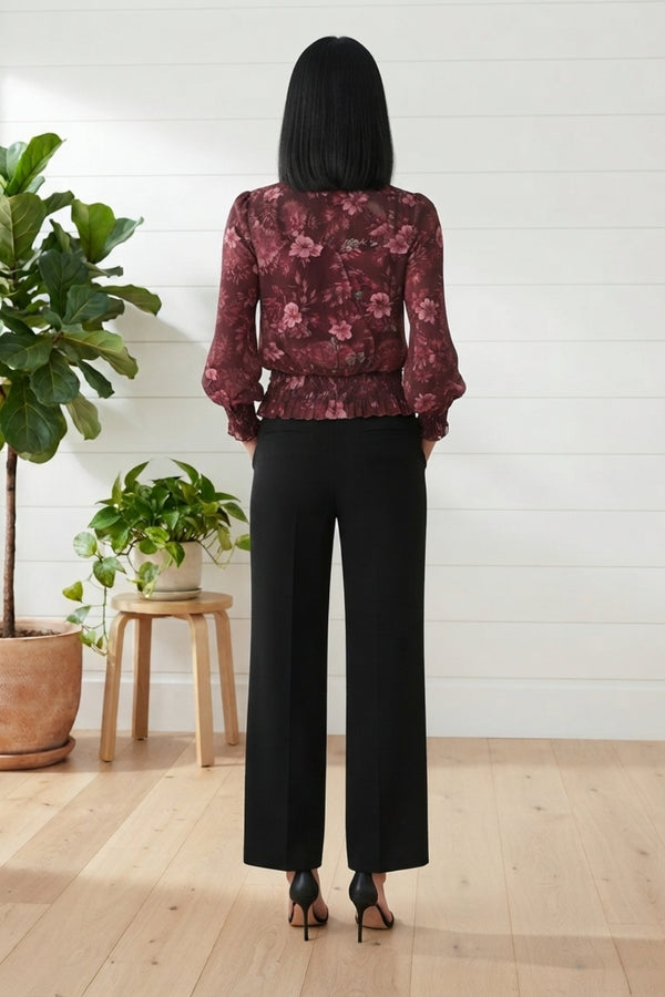 Floral Ruched Wrap Front Blouse| WINE