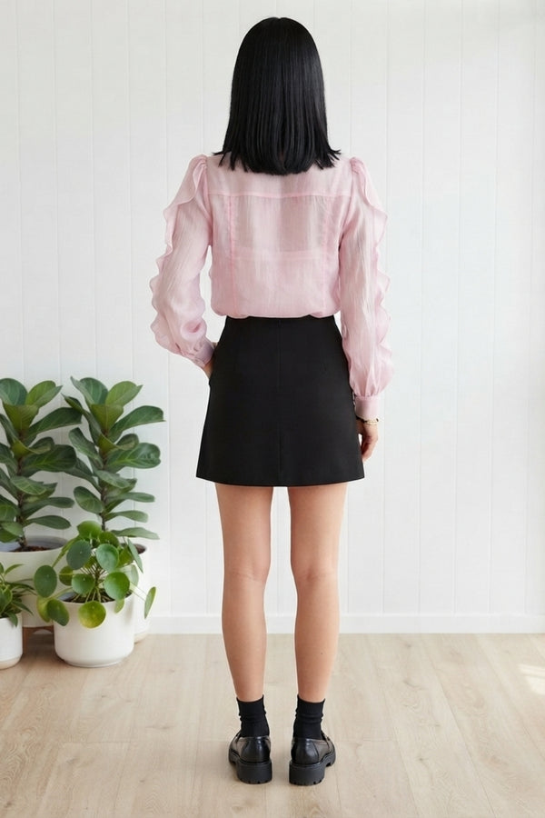 Ruffled Tie Neck Long Sleeve Shirt| PINK