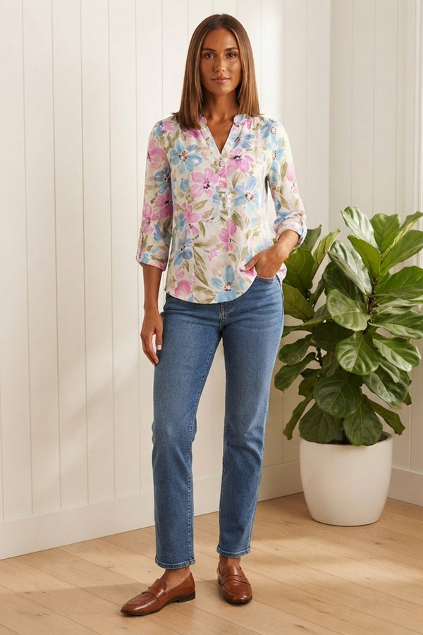 Floral 3/4 Sleeve V-Neck Relaxed Blouse| MULTI_BLUE