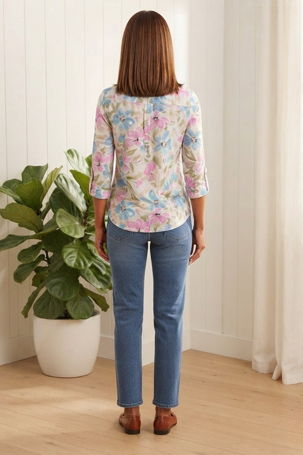 Floral 3/4 Sleeve V-Neck Relaxed Blouse| MULTI_BLUE