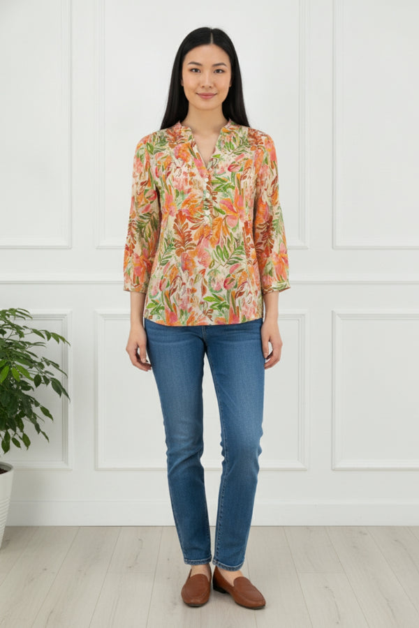 Leaf Print 3/4 Sleeve Relaxed Blouse| ORANGE