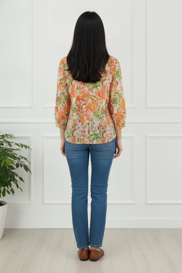 Leaf Print 3/4 Sleeve Relaxed Blouse| ORANGE