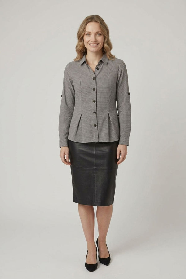 Checked 3/4 Sleeve Pleat Fitted Shirt| MULTI BLACK