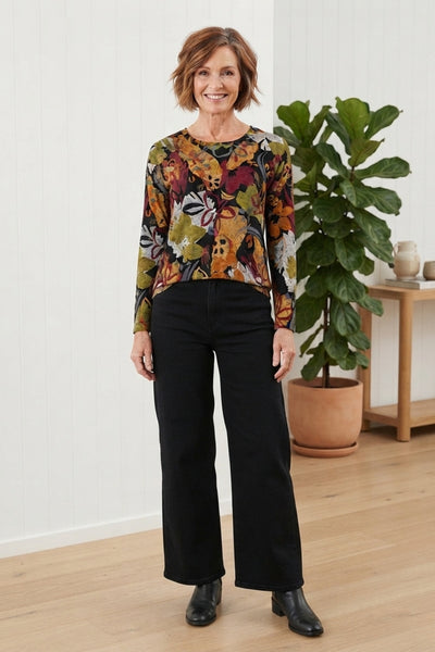 Leaf Print Long Sleeve Curved Hem Top| MULTI BLACK