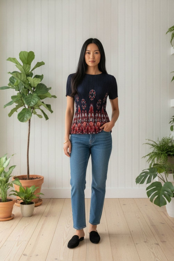 Printed Pleated Texture Short Sleeve Top | BLACK