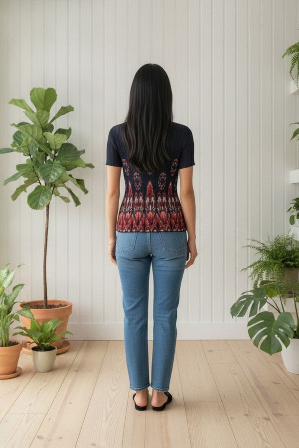 Printed Pleated Texture Short Sleeve Top | BLACK