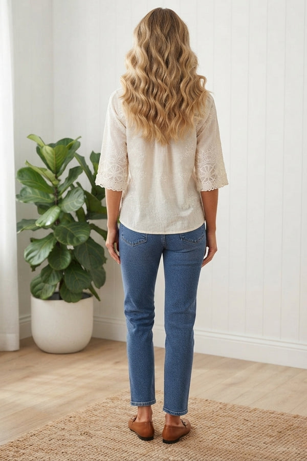 Floral Lace Embroidered 1/2 Sleeve Shirt| WHITE