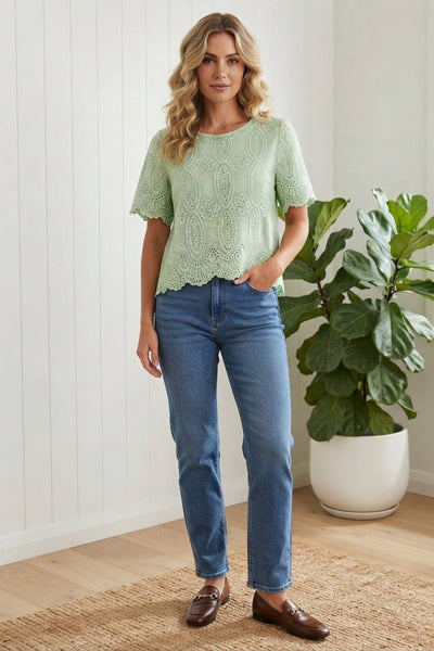 Embroidered Texture Short Sleeve Blouse| GREEN