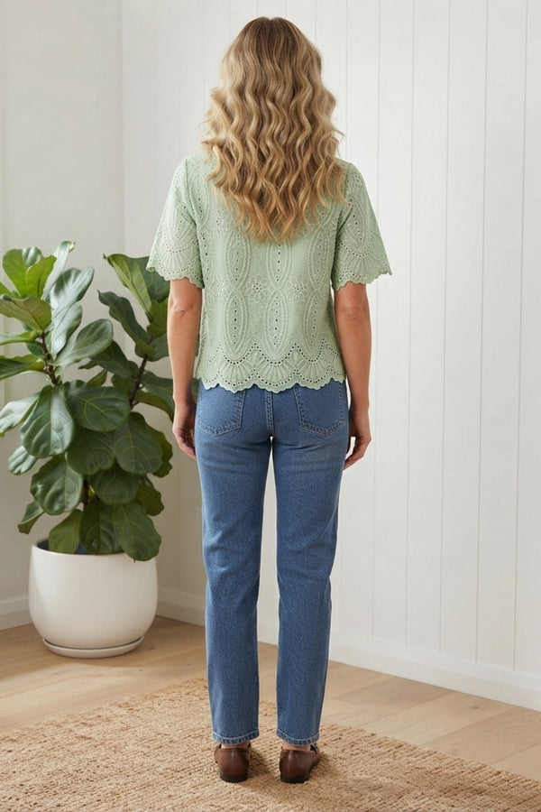 Embroidered Texture Short Sleeve Blouse| GREEN
