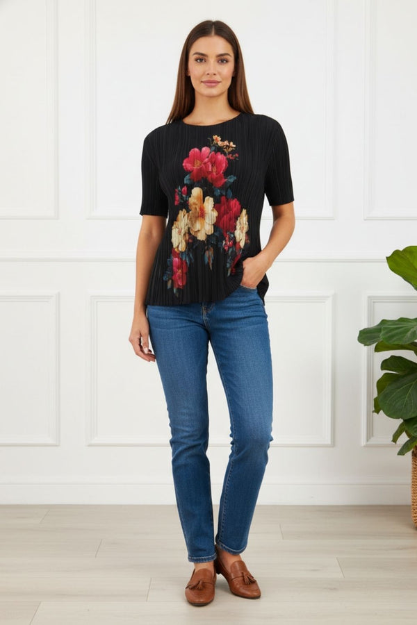 Floral Pleated Texture Short Sleeve Top| BLACK