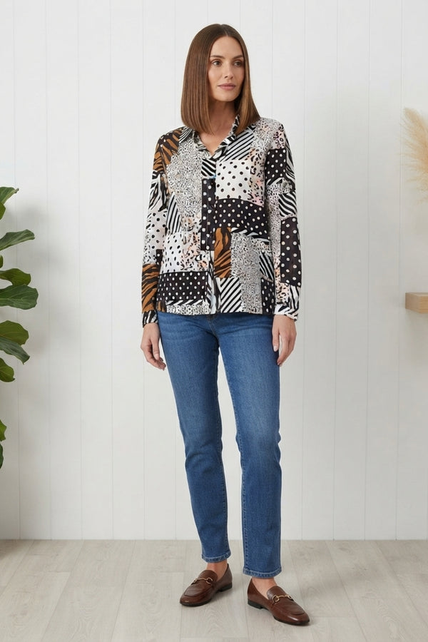 Patchwork Animal Print Long Sleeve Shirt| MULTIBLACK