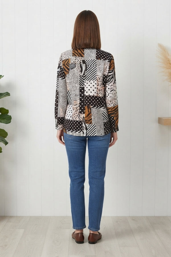 Patchwork Animal Print Long Sleeve Shirt| MULTIBLACK