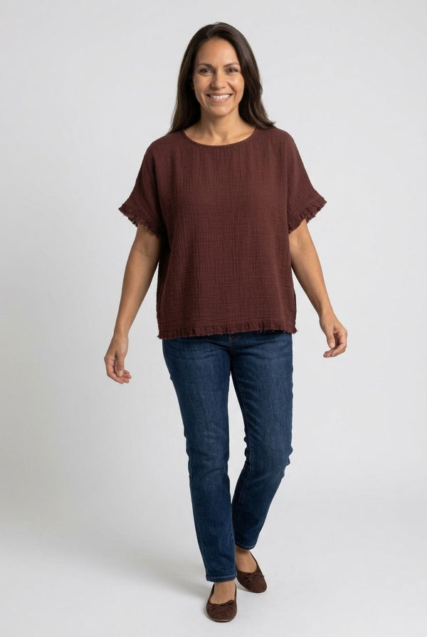 Frayed Hem Short Sleeve Relaxed Top| CHOCOLATE