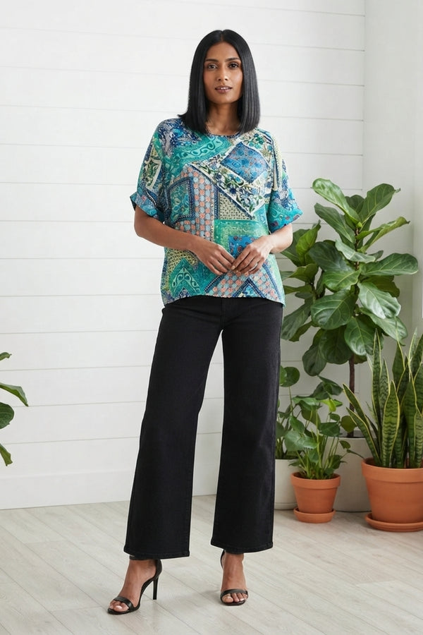 Patchwork Print 1/2 Sleeve Casual Blouse| MULTI BLUE