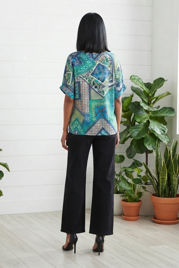 Patchwork Print 1/2 Sleeve Casual Blouse| MULTI BLUE