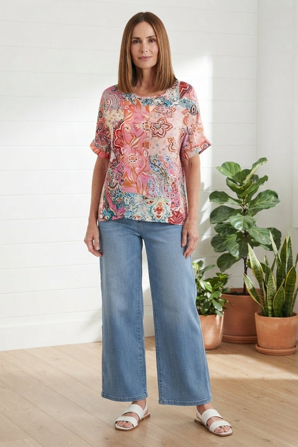 Patchwork 1/2 Sleeve Relaxed Blouse| MULTI RED