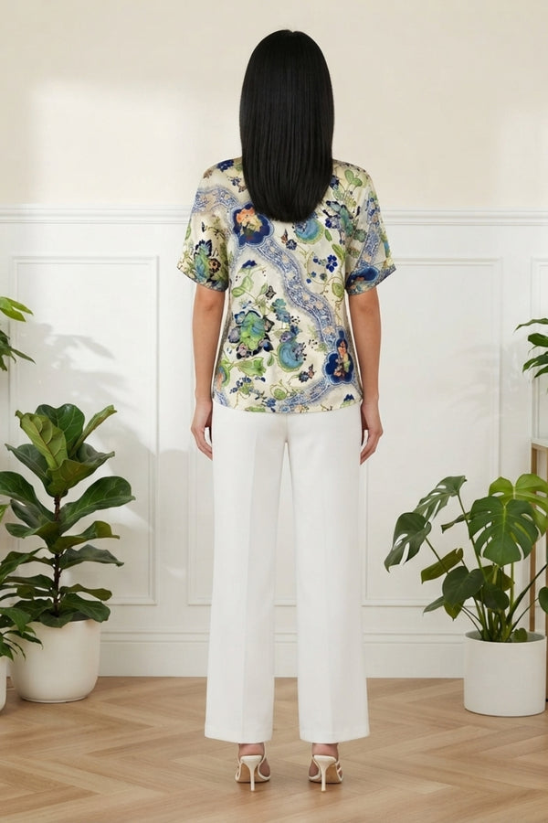 Paisley Print Short Sleeve Blouse| MULTI GREEN