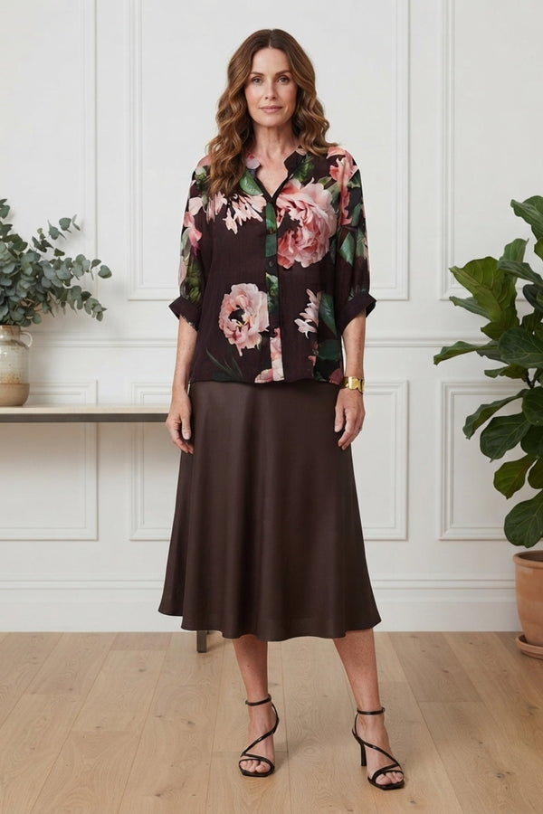 Floral 3/4 Sleeve Relaxed Button Blouse| MULTIPURPLE