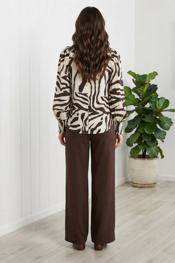 Animal Print Tie Neck Long Sleeve Shirt| MULTI BEIGE