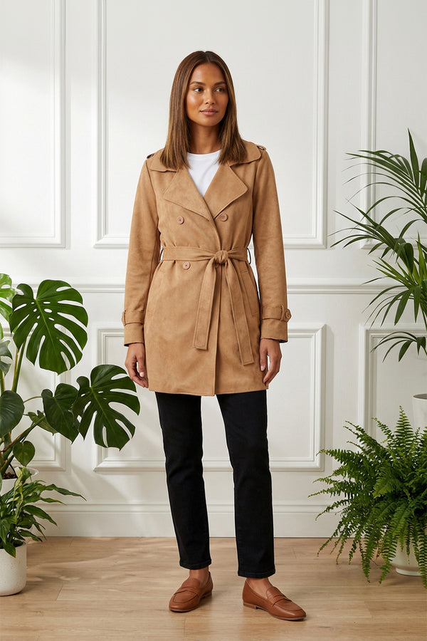 BEIGE | Faux Suede Tie Waist Trench Coat