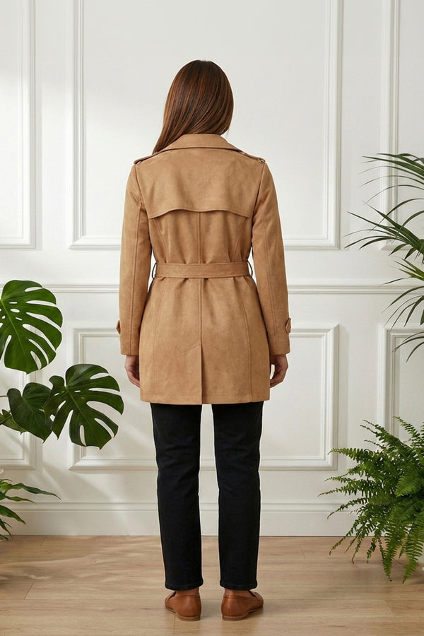 BEIGE | Faux Suede Tie Waist Trench Coat