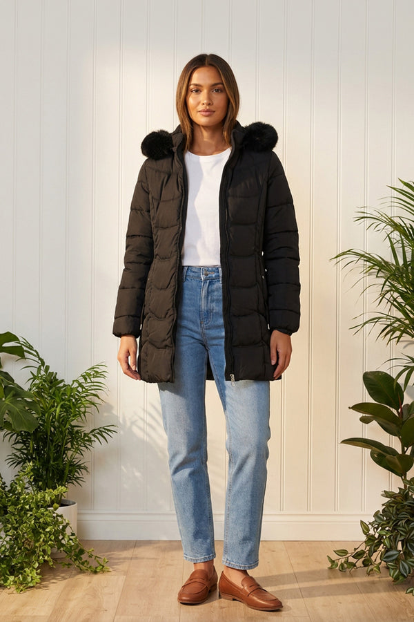 BLACK | Padded Faux Fur Trim Hood Puffer Jacket