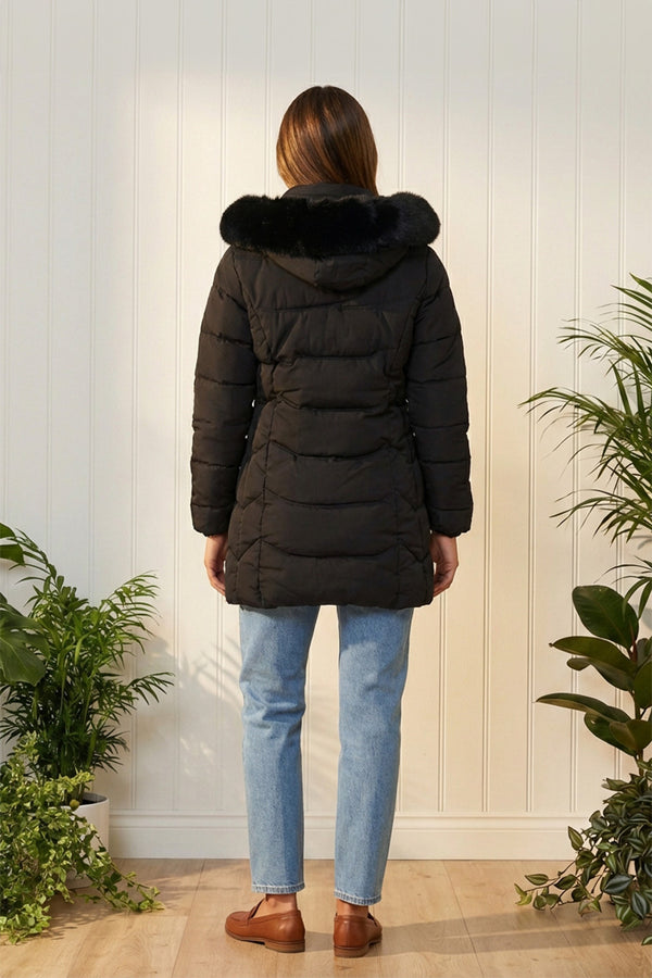 BLACK | Padded Faux Fur Trim Hood Puffer Jacket