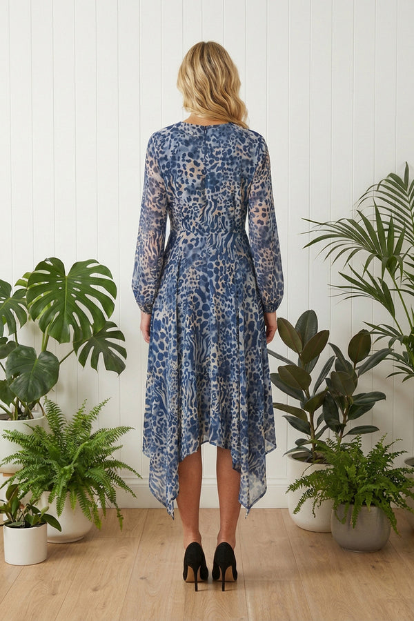 BLUE | Animal Print Hanky Hem Smock Maxi Dress