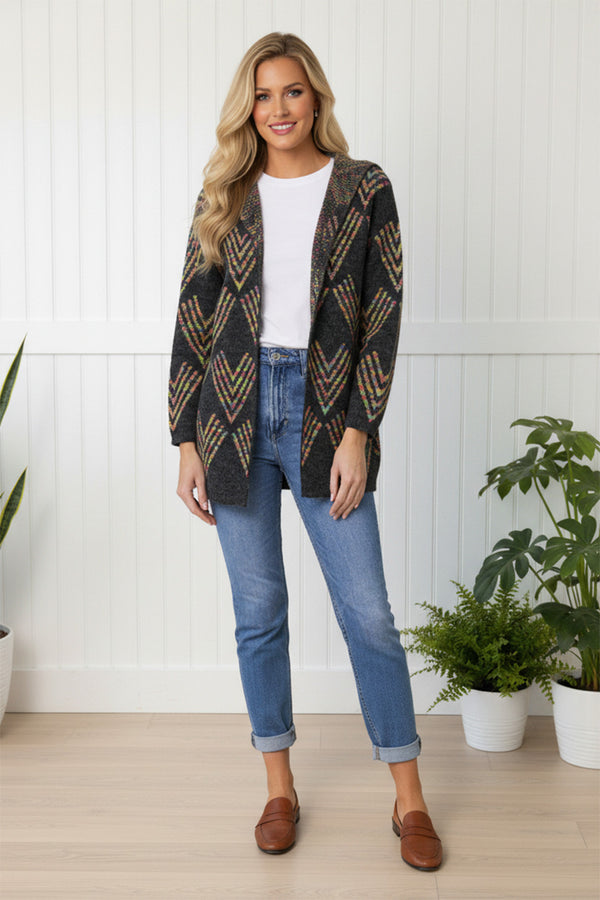 MULTI GREY | Abstract Print Longline Knit Hooded Jacket