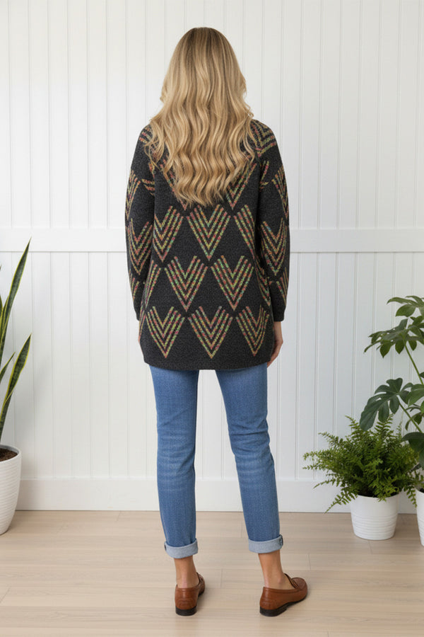 MULTI GREY | Abstract Print Longline Knit Hooded Jacket