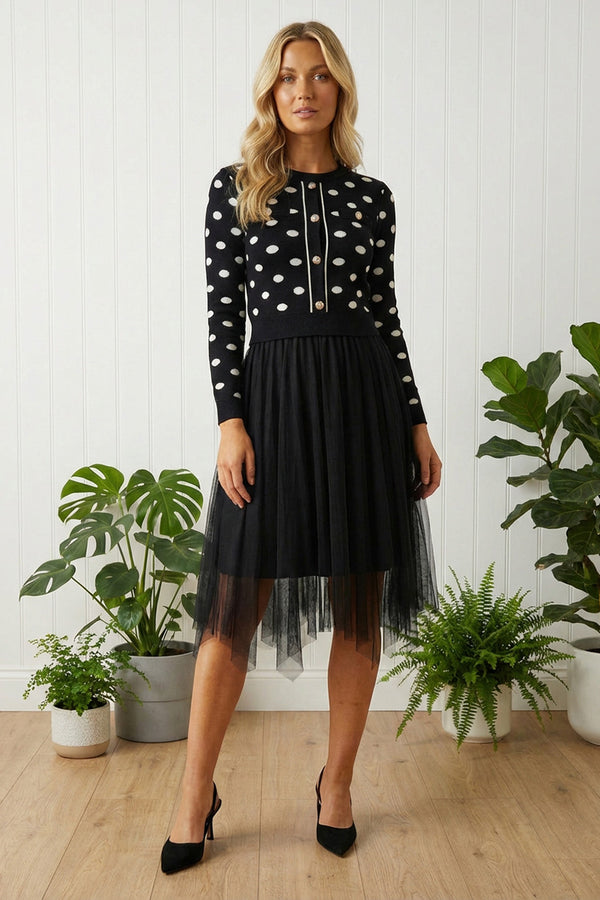 MULTI BLACK| Polka Dot Print Mesh Layer Midi Dress
