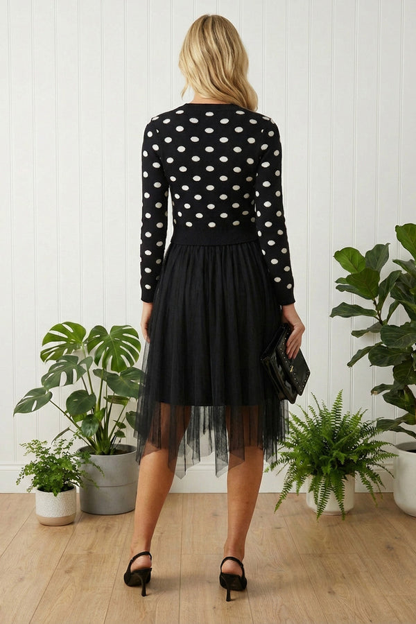 MULTI BLACK| Polka Dot Print Mesh Layer Midi Dress
