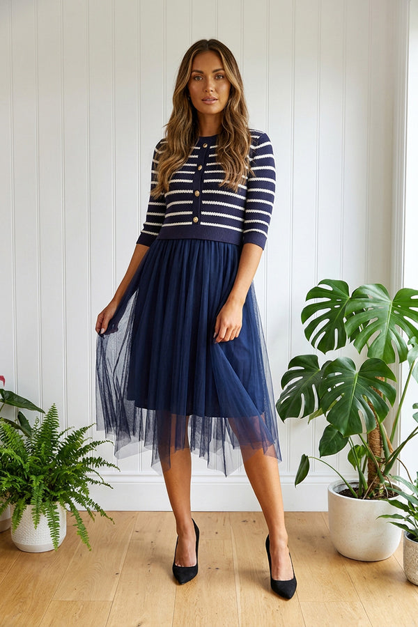 NAVY | Striped Mesh Hanky Hem Midi Jumper Dress