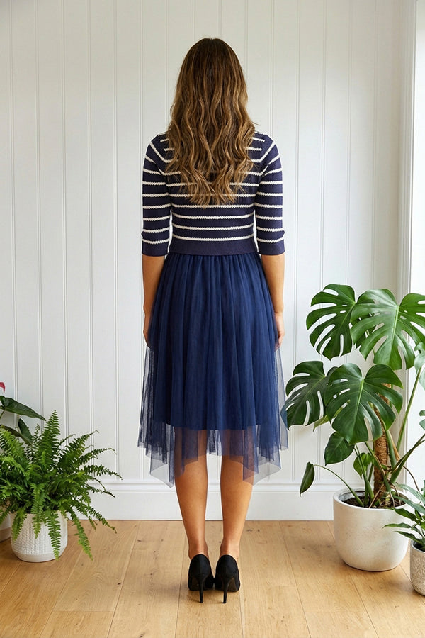 NAVY | Striped Mesh Hanky Hem Midi Jumper Dress