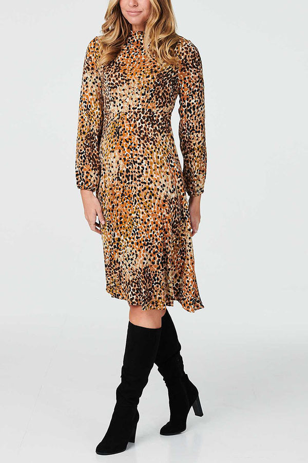 Brown | Printed High Neck Midi Dress