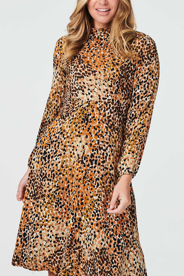 Brown | Printed High Neck Midi Dress