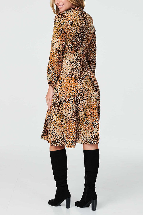 Brown | Printed High Neck Midi Dress