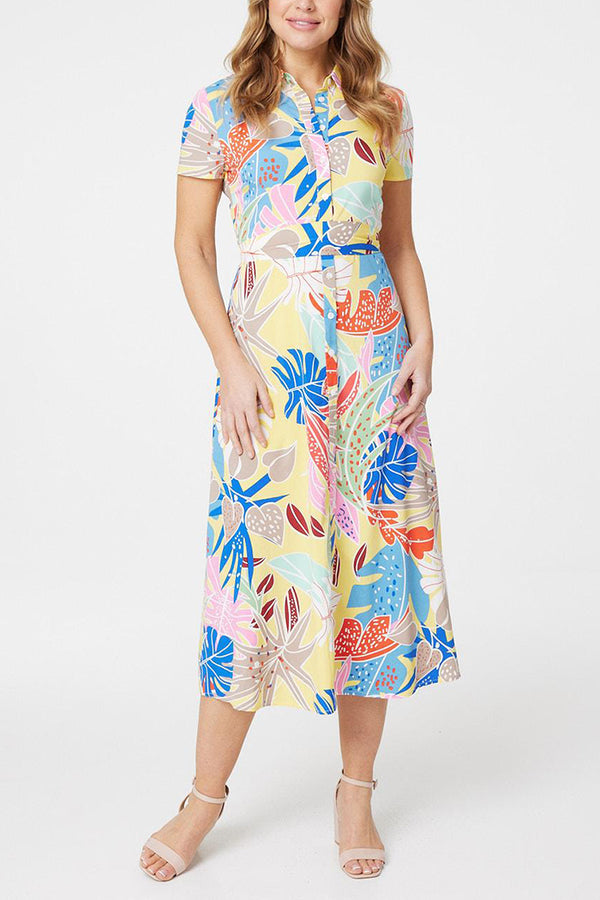 Multi Yellow | Tropical Print Midi Shirt Dress