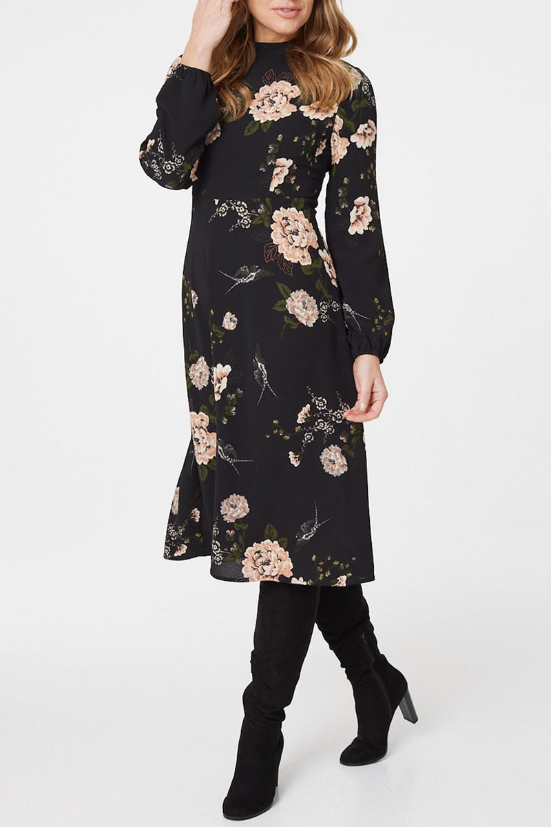 Black | Floral High Neck Midi Dress