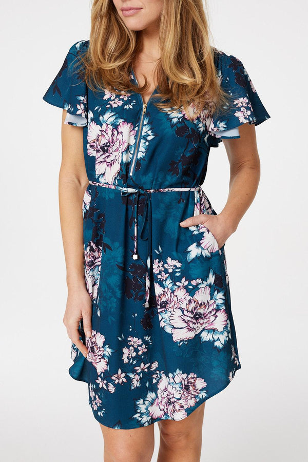 Multi Green | Floral Zip Front Mini Dress