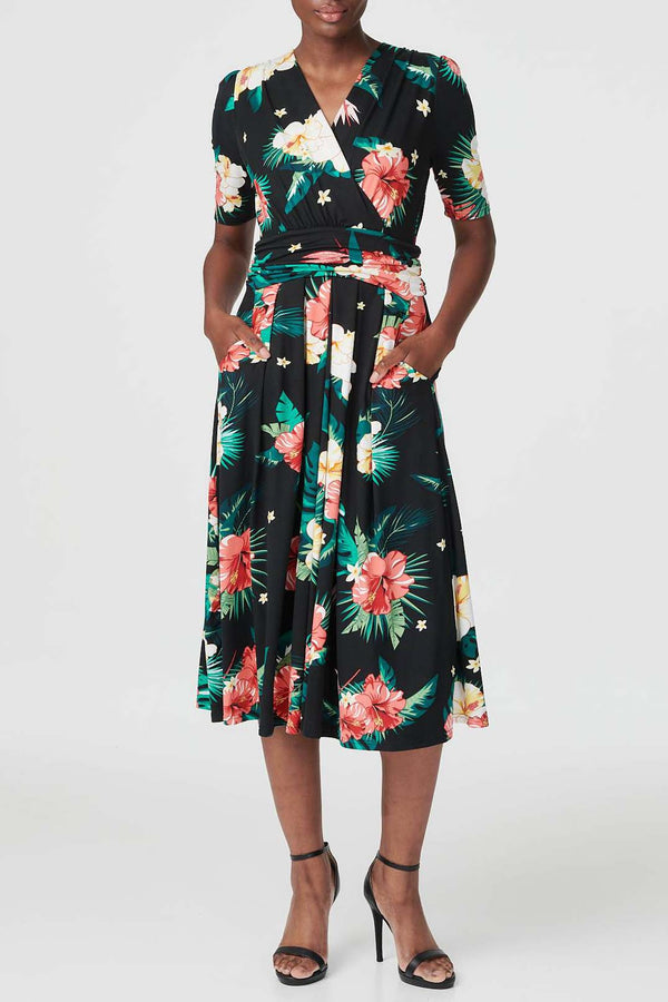 Multi Black | Floral Ruched Midi Dress