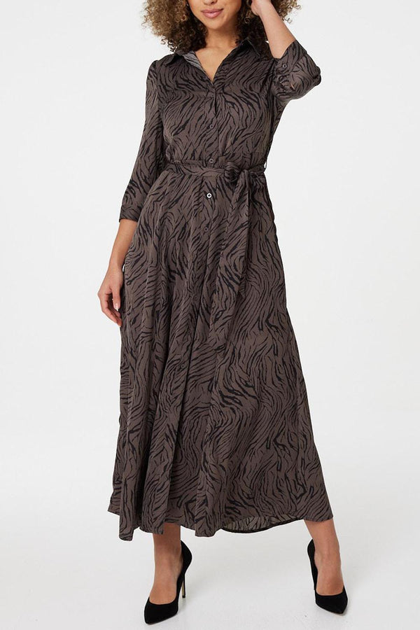 Dark Grey | Printed Self Tie Shirt Dress