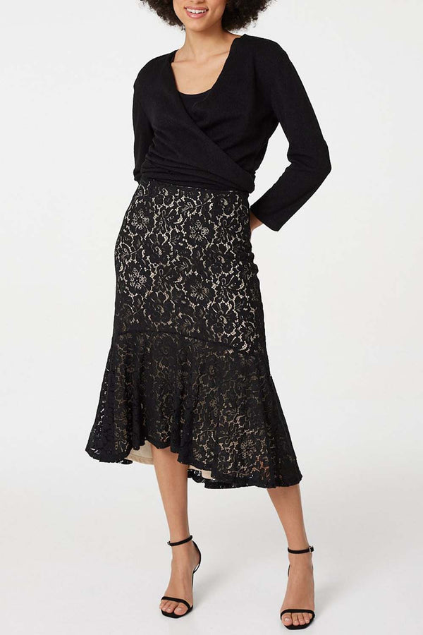 Black | Lace Pephem Midi Skirt