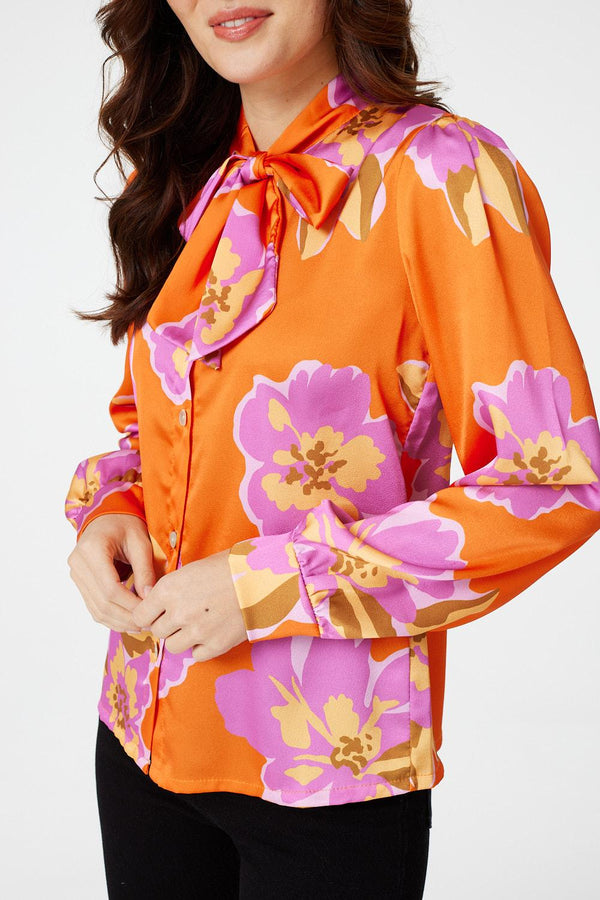 Multi Orange | Floral Tie Detail Fitted Blouse