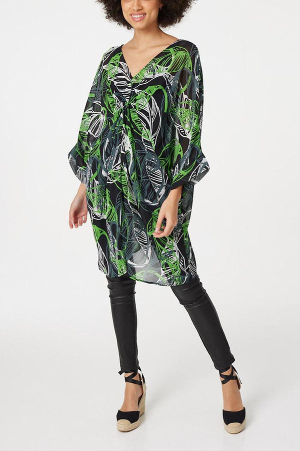 Multi Green | Leaf Print Oversized Tunic Blouse