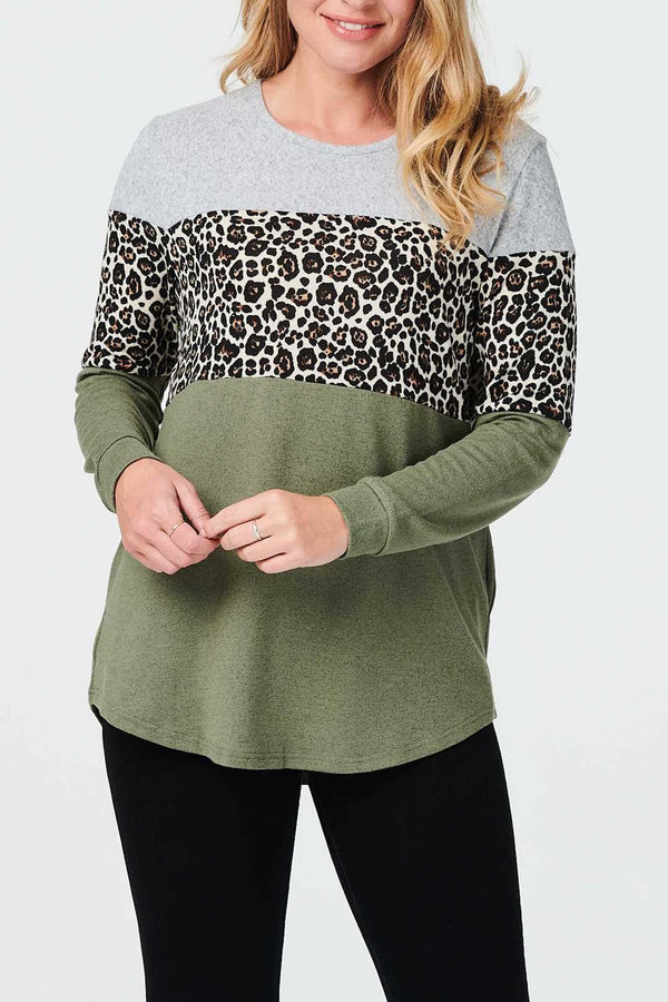 Khaki | Leopard Print Colour Block Top