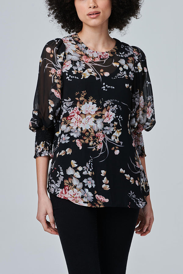 Black | Floral Puff Sleeve Blouse